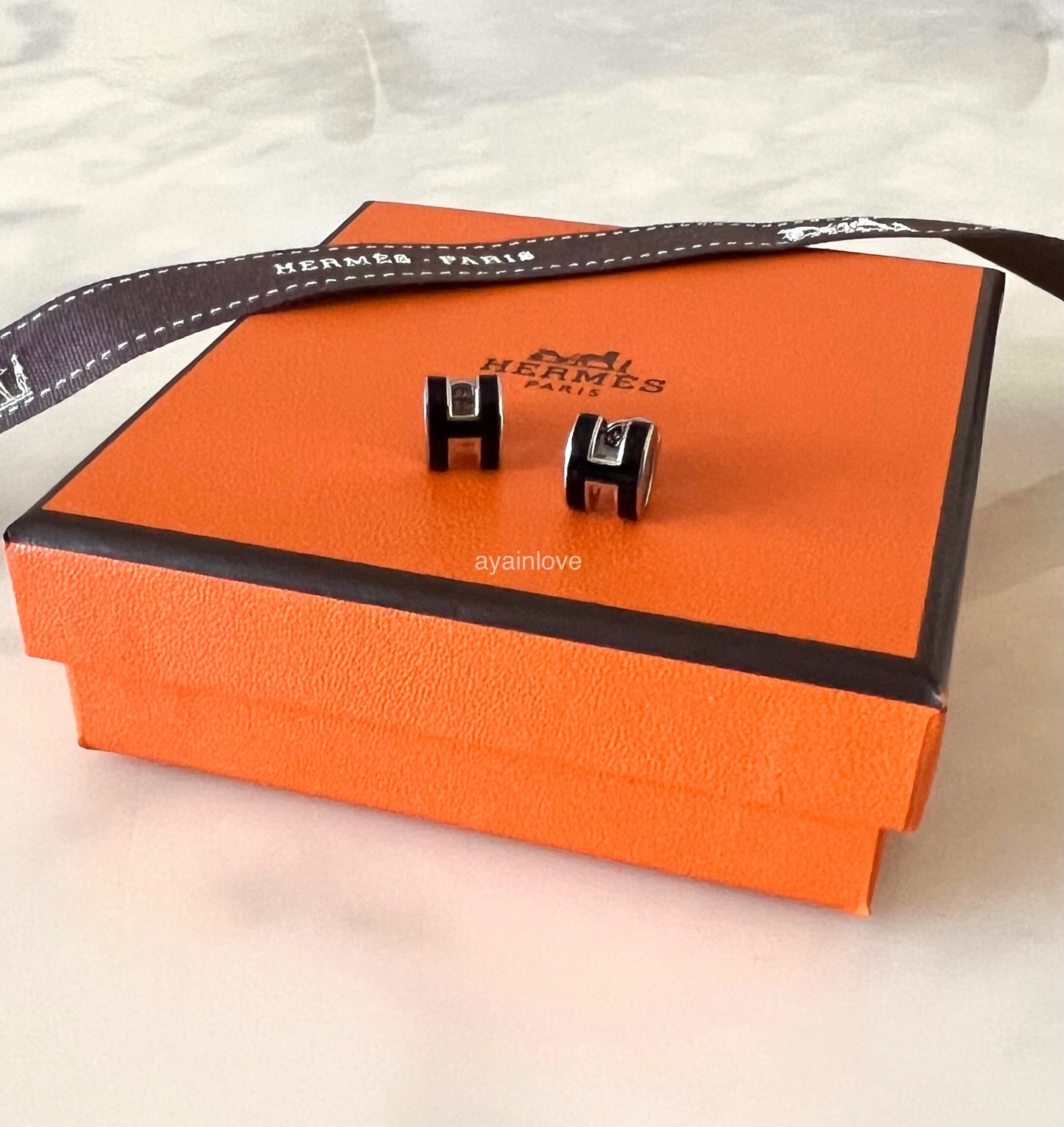 HERMES Mini H Pop Black Noir Earrings Palladium Hardware