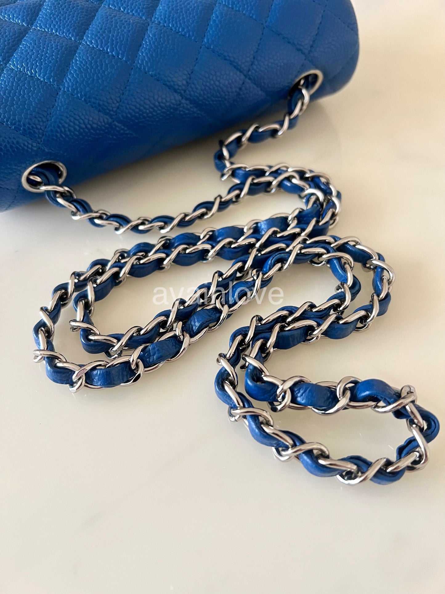 CHANEL 13S Blue Roi Caviar Classic Quilted Rectangular Mini Flap Bag Silver Hardware