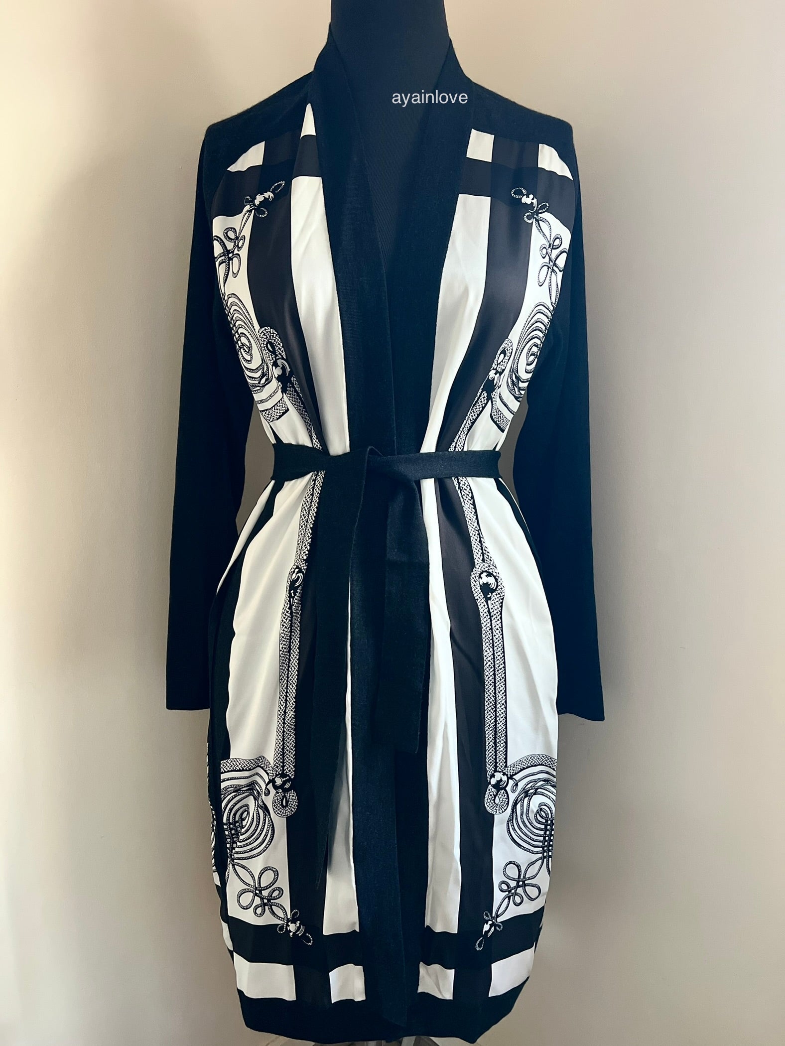 HERMES Black and White Silk Wool Brandebourgs Encadre Twillaine Long Belted Cardigan Size 38 HERMES Black and White Silk Wool Brandebourgs Encadre Twillaine Long Belted Cardigan Size 38