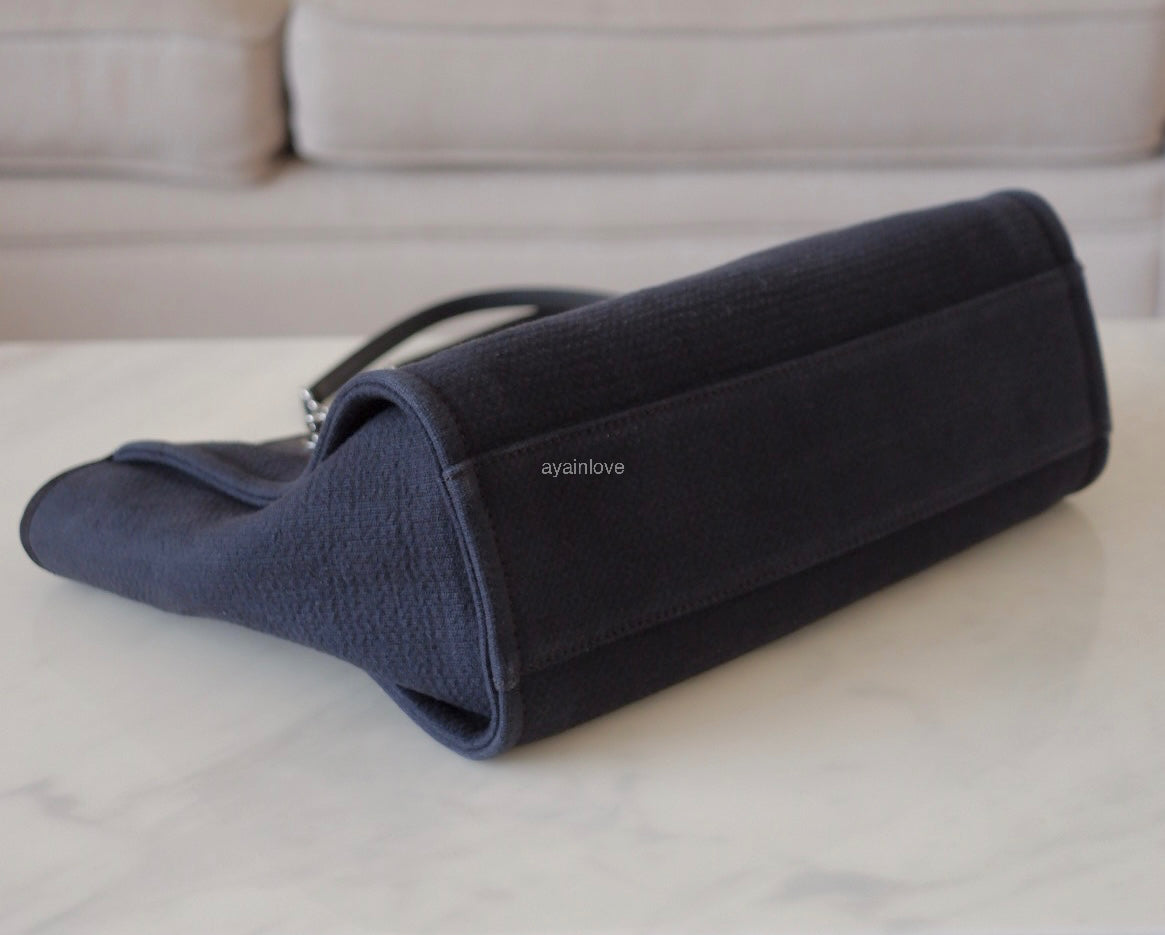 CHANEL Midnight Navy Blue Canvas Small Medium Deauville Microchipped Tote Bag Silver Hardware