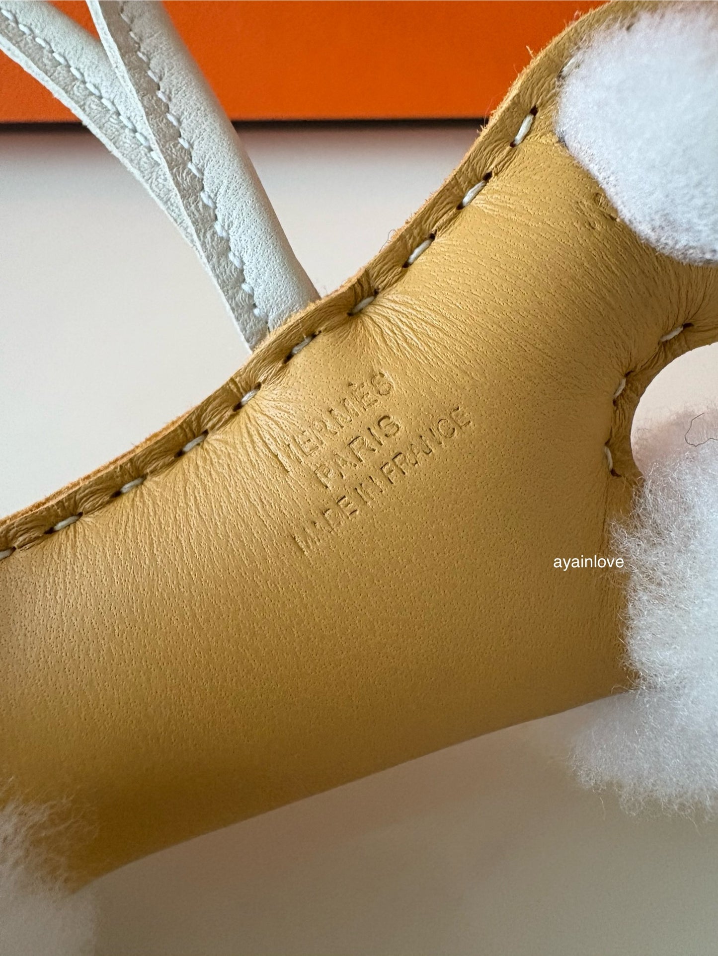 HERMES Budy Ecru/Paille/Craie Wool Leather Bag Charm K Stamp