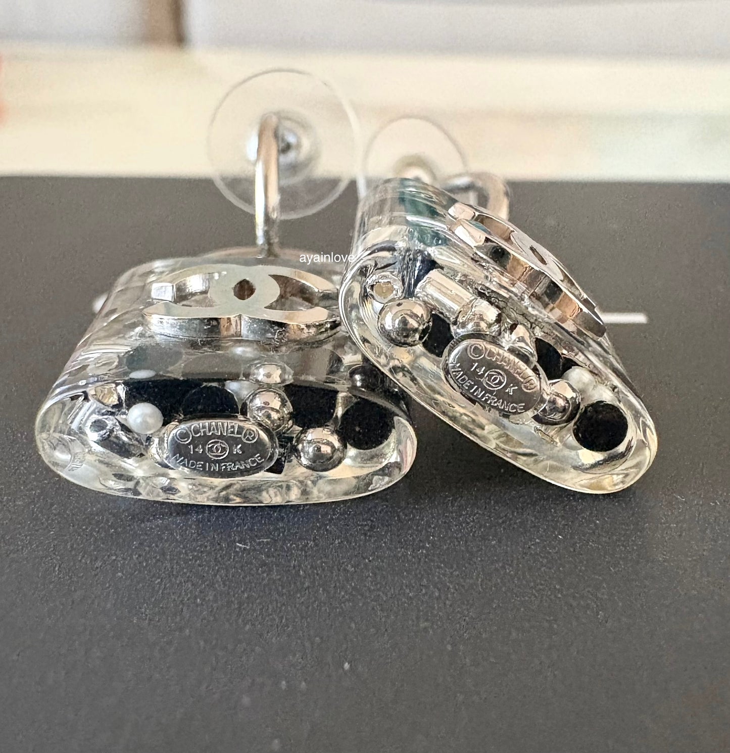 CHANEL 14K CC Clear Resin Padlock Drop Earrings Silver Hardware