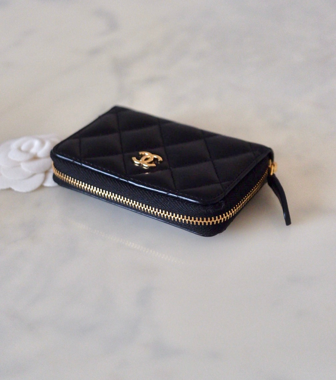 CHANEL Black Lamb Skin Zip Card Holder Gold Hardware