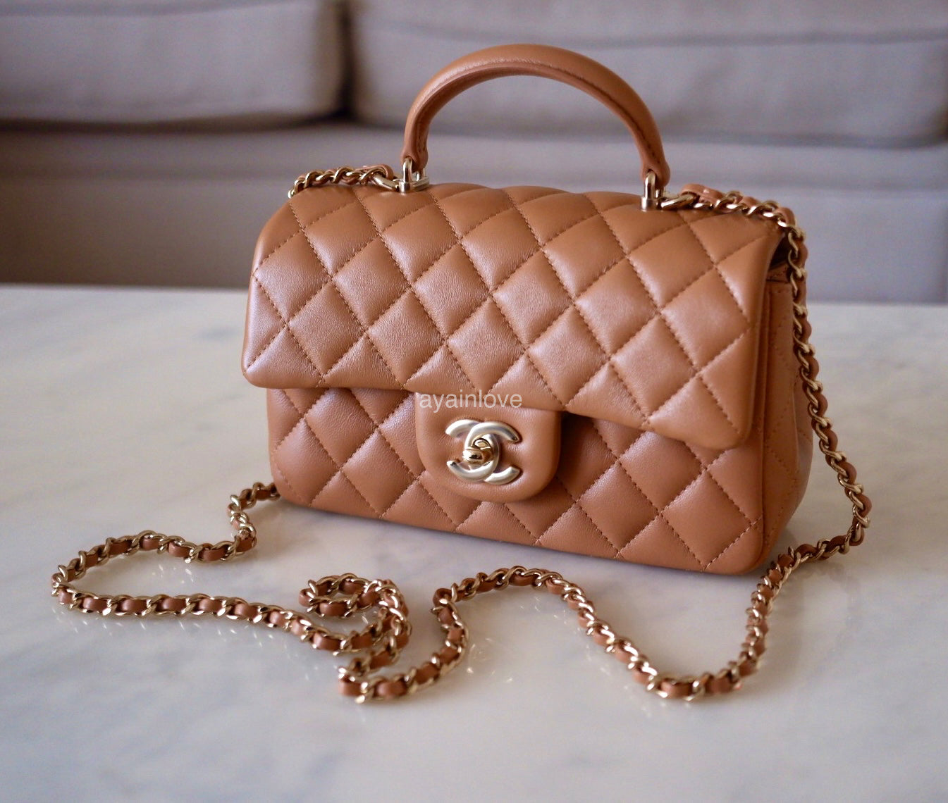 CHANEL Beige Lamb Skin Microchipped Top Handle Mini Flap Bag Gold Hard –  AYAINLOVE CURATED LUXURIES