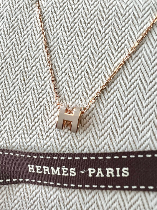 HERMES Mini H Pop Marron Glace Necklace Rose Gold Hardware