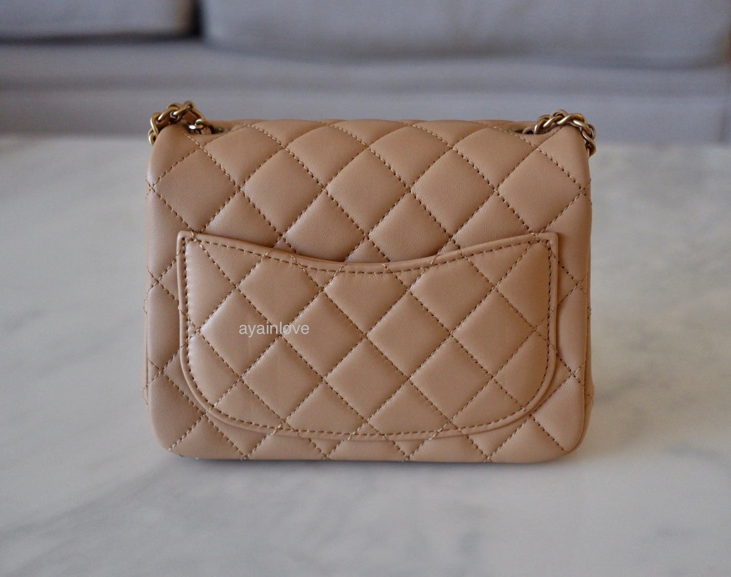 CHANEL 23K Beige Lamb Skin Pearl Crush Square Mini Flap Bag Microchipped Gold Hardware