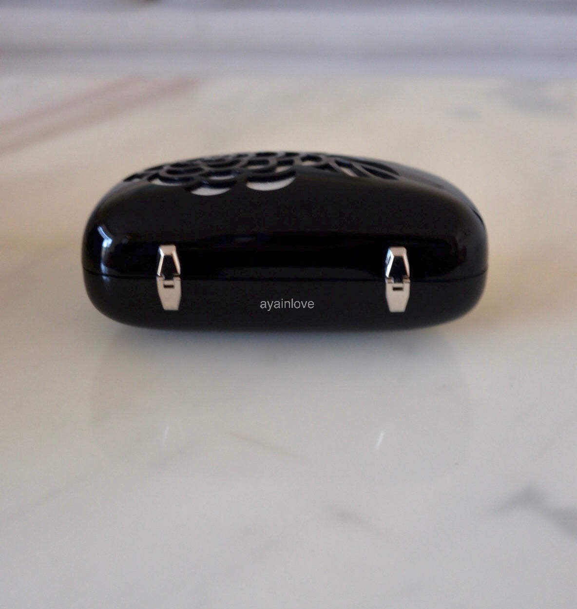 CHANEL Minaudiere Black Camellia Cutout Acrylic Clutch Silver Hardware