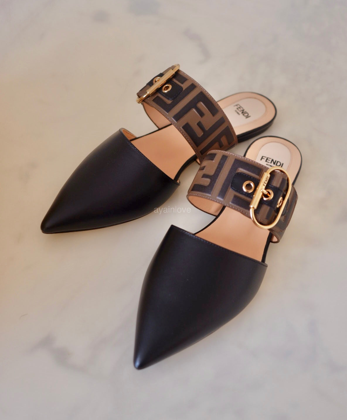 FENDI Vitello Maya Black FF Embossed Monogram Buckle Flat Slides Mules Size 38