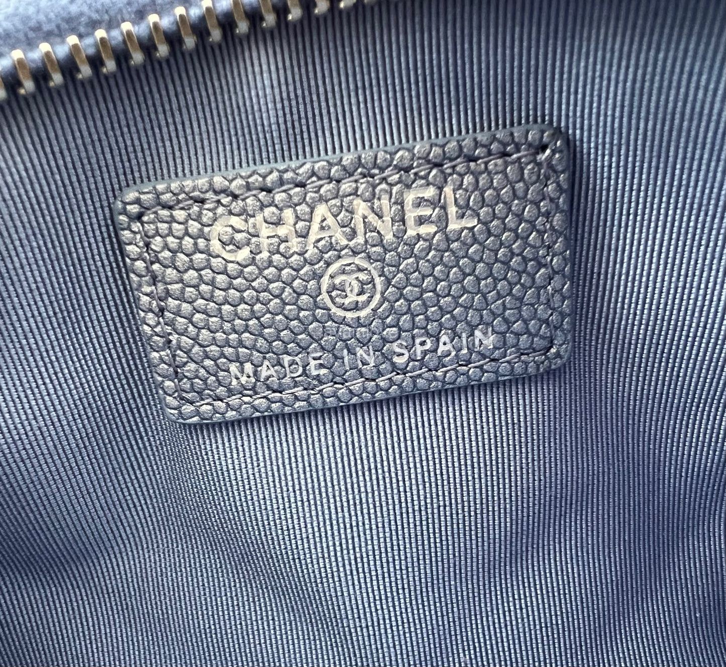 CHANEL 19P Iridescent Blue Chevron Mademoiselle Mini O Case Silver Hardware