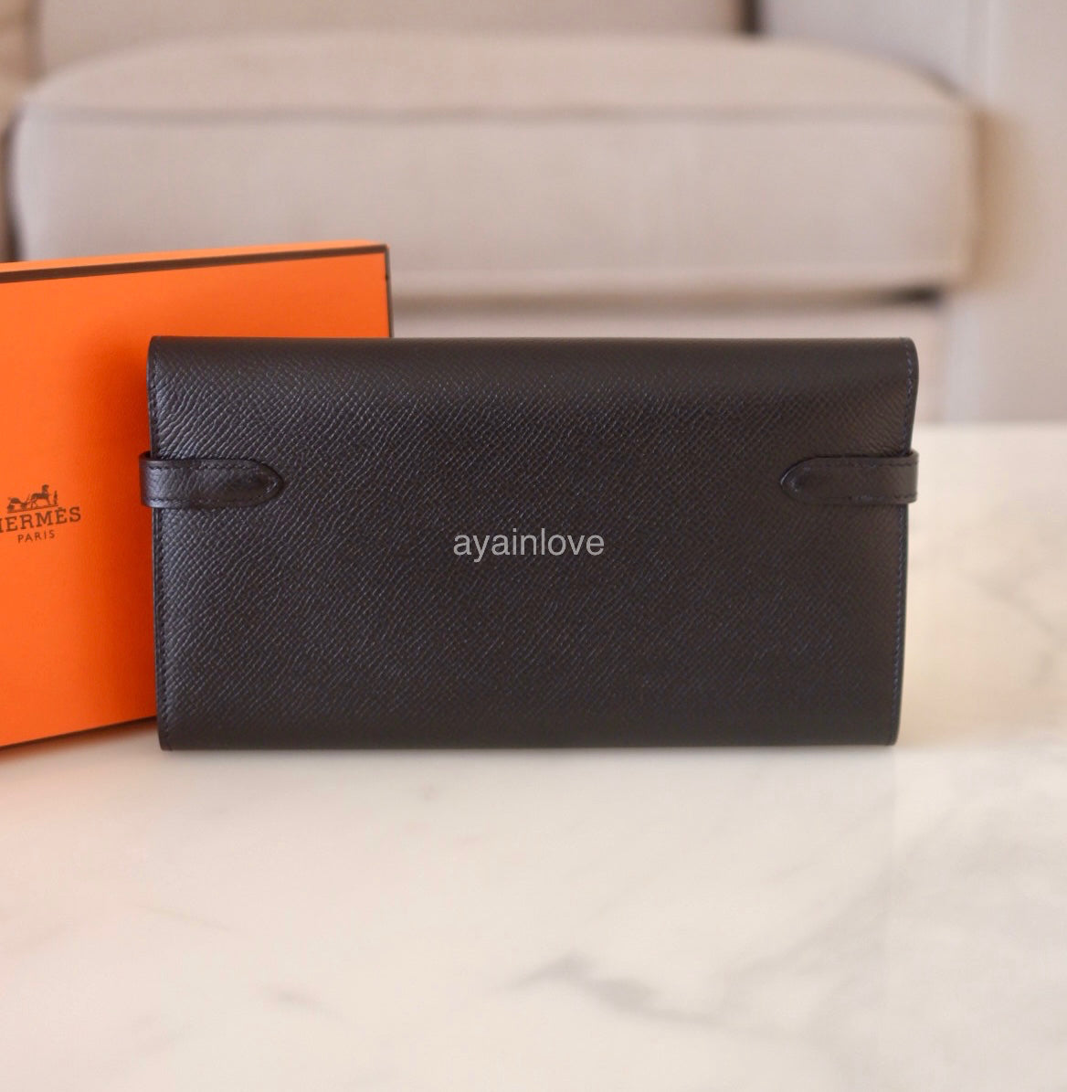 HERMES Kelly Long Wallet Black Noir Epsom Palladium Hardware C Stamp
