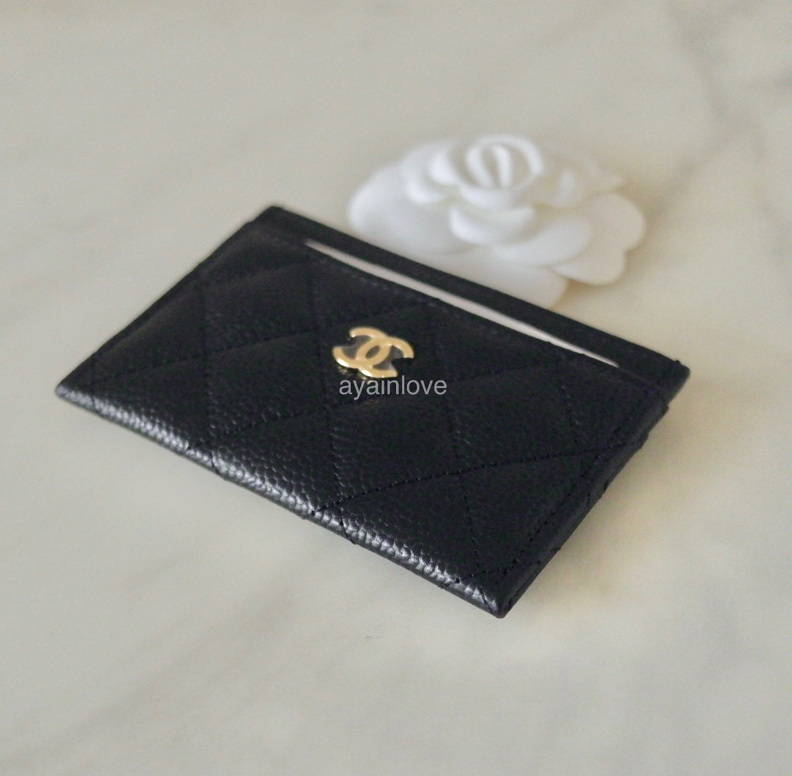 CHANEL Classic Black Caviar Flat Card Holder Gold Hardware