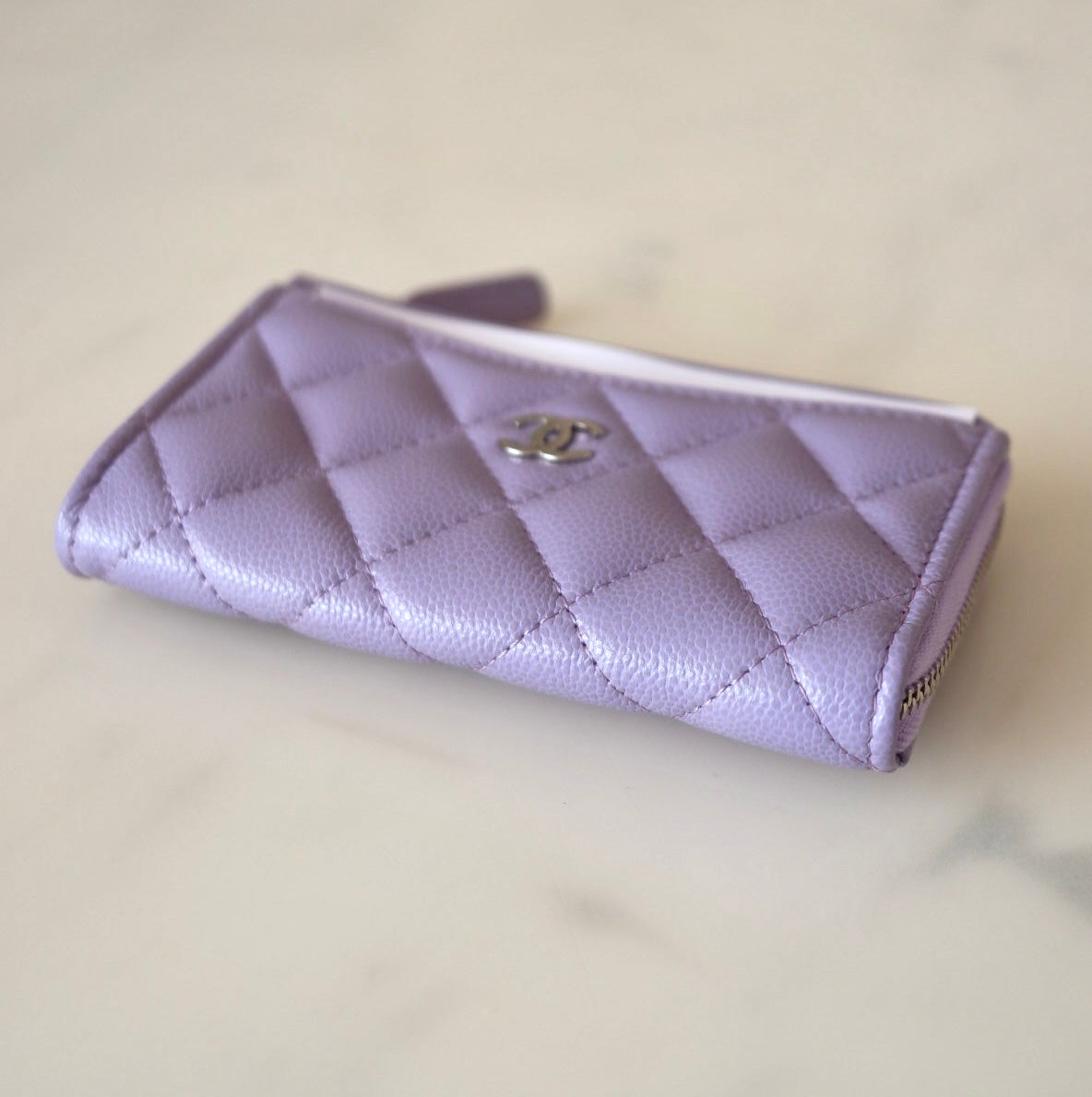 CHANEL Light Purple Caviar New Style XL Zippy Card Holder Wallet Silver Hardware