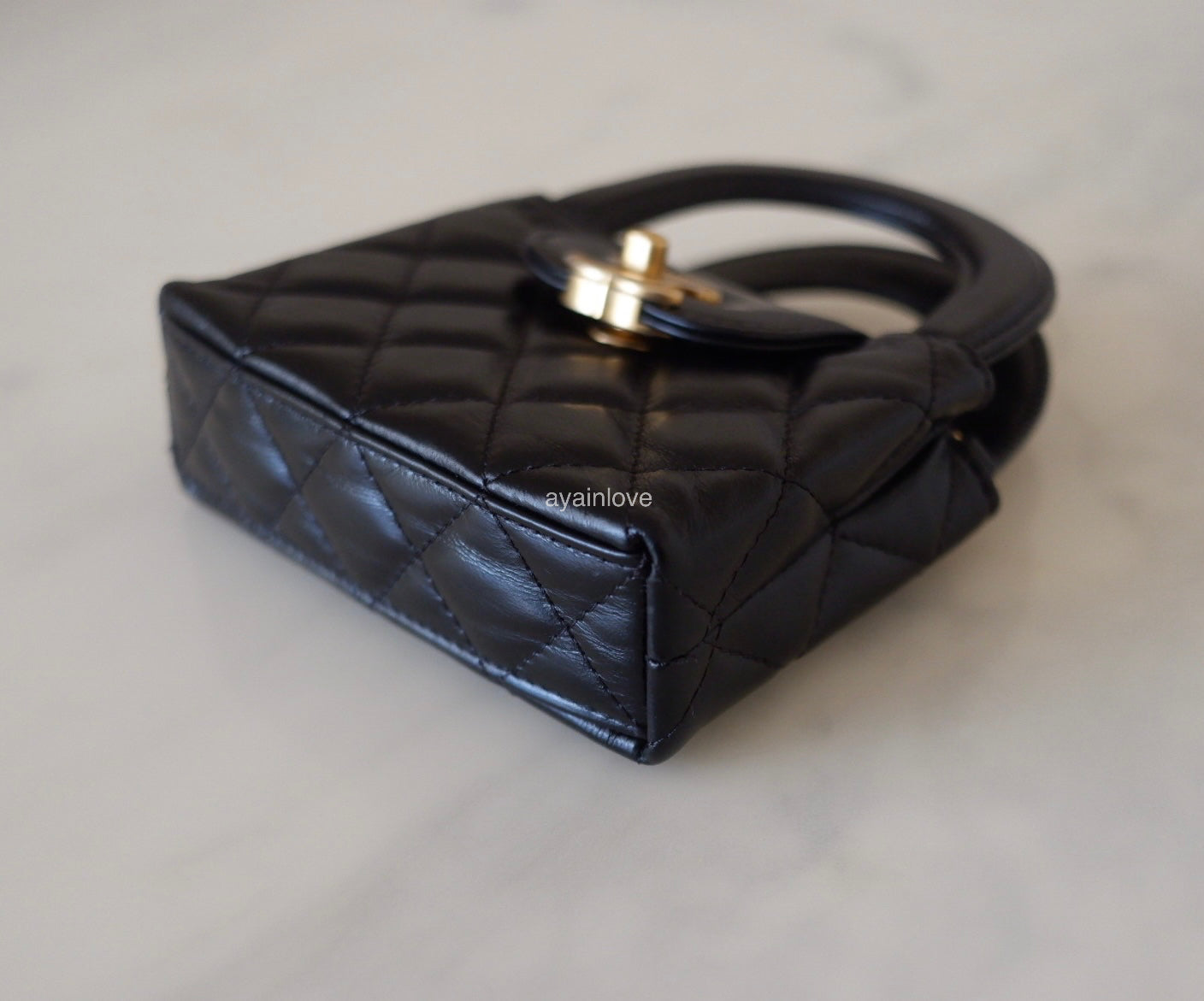 CHANEL 23K Black Shiny Calf Skin Micro Shopping Bag Kelly Clutch on Chain Gold Hardware