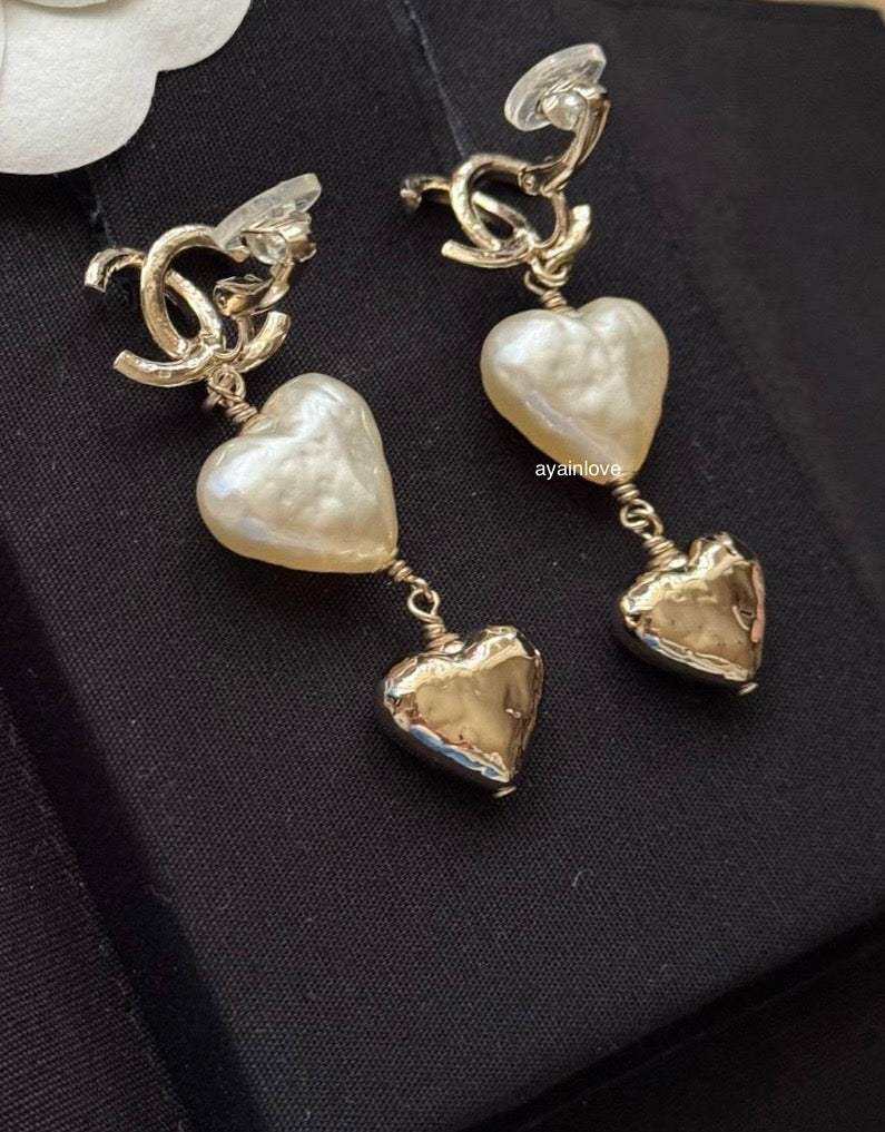 CHANEL 22C Double Heart Clip-On Pearl Drop Earrings Light Gold Hardware