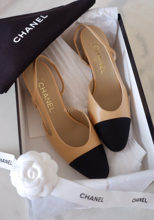 CHANEL Black Beige Lambskin and Grosgrain Classic Slingback Heel Shoes Size 36.5 EU