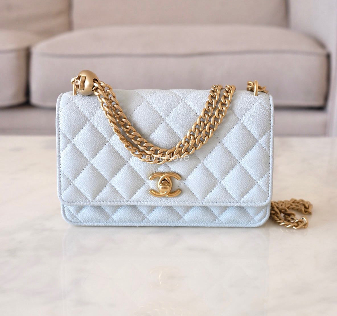 CHANEL 24P Sweetheart Light Blue Caviar Wallet on Chain Brushed