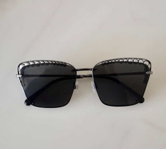 CHANEL Pearl Metal Silvertone Dark Grey Square Sunglasses 4235-H