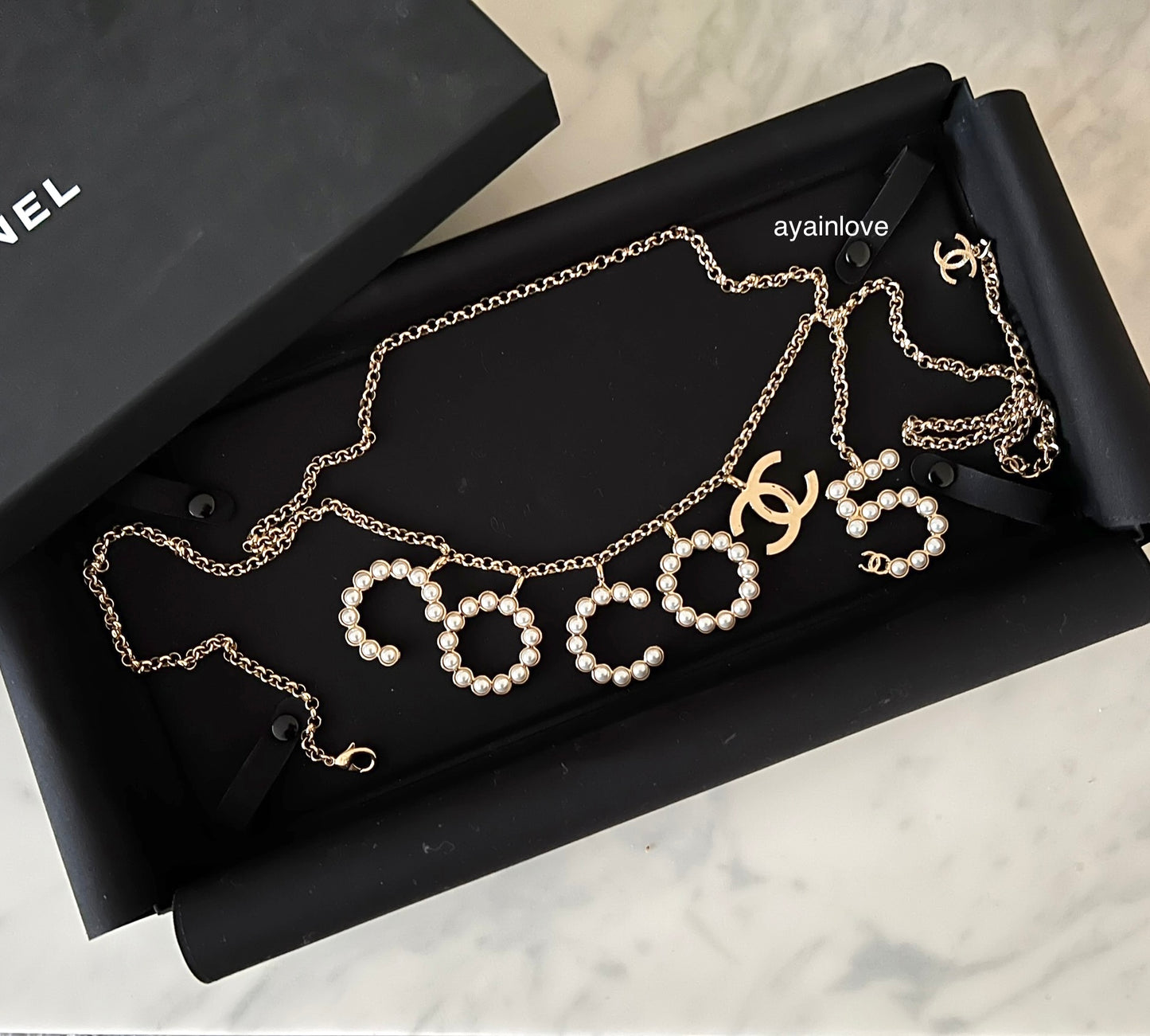 CHANEL 24S Pearl COCO No. 5 Adjustable Chain Belt Gold Hardware