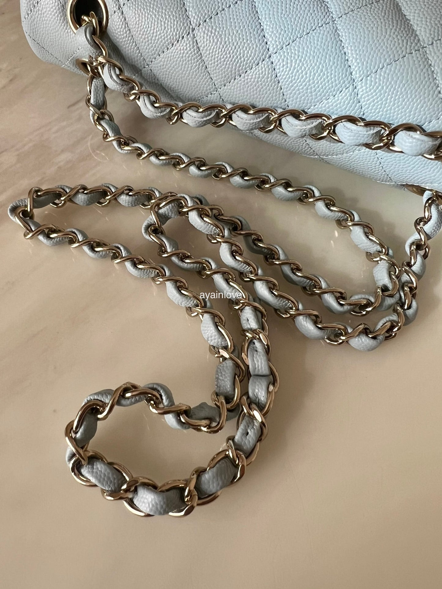 CHANEL 22P Light Blue Caviar *Microchipped* Small Classic Flap Light Gold Hardware