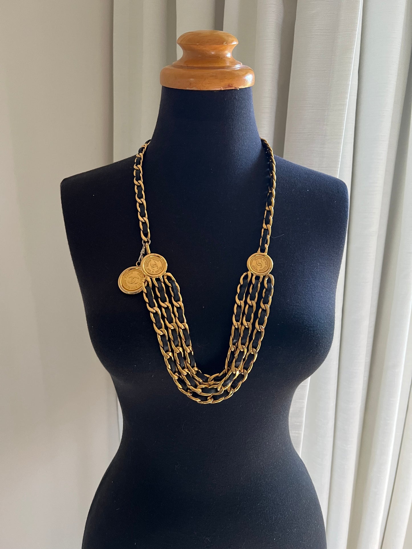 CHANEL Vintage Black Triple Leather Chain Medallion CC Belt 24KT Gold Plated Hardware