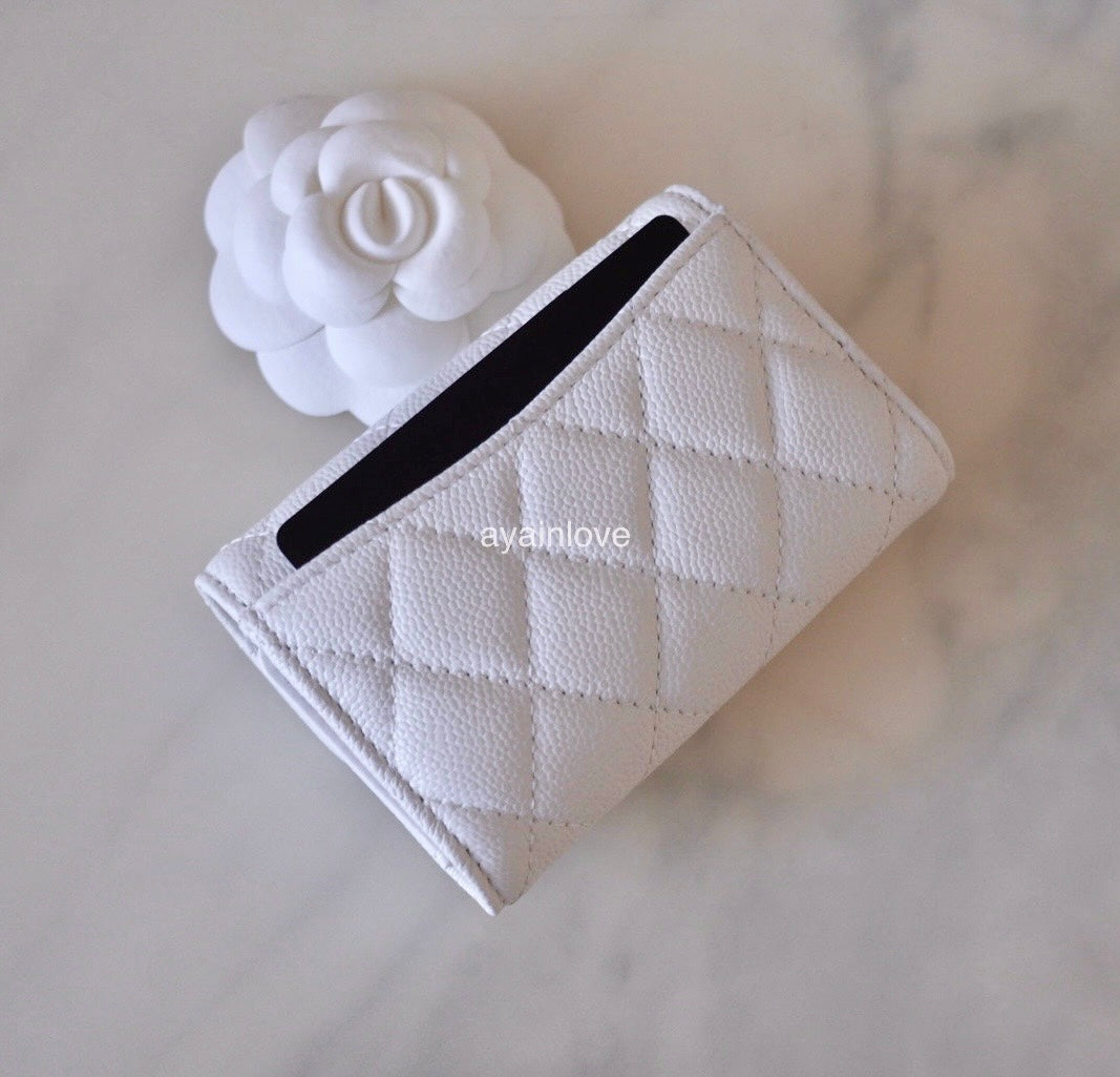 CHANEL 23K White Caviar Key Chain Flap Card Holder Light Gold Hardware