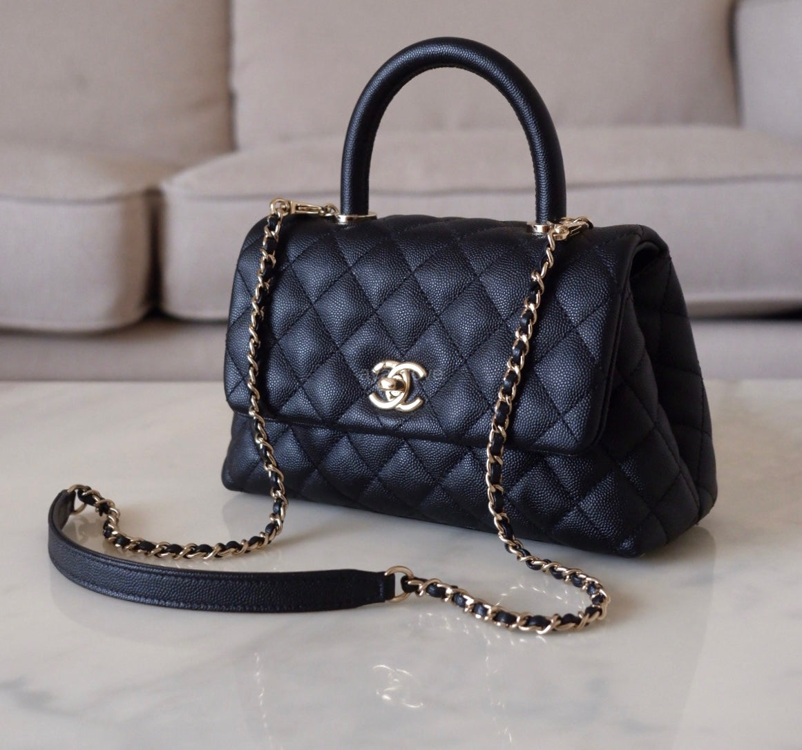 CHANEL Black Caviar Quilted Small Coco Handle 24 cm Light Gold Hardware