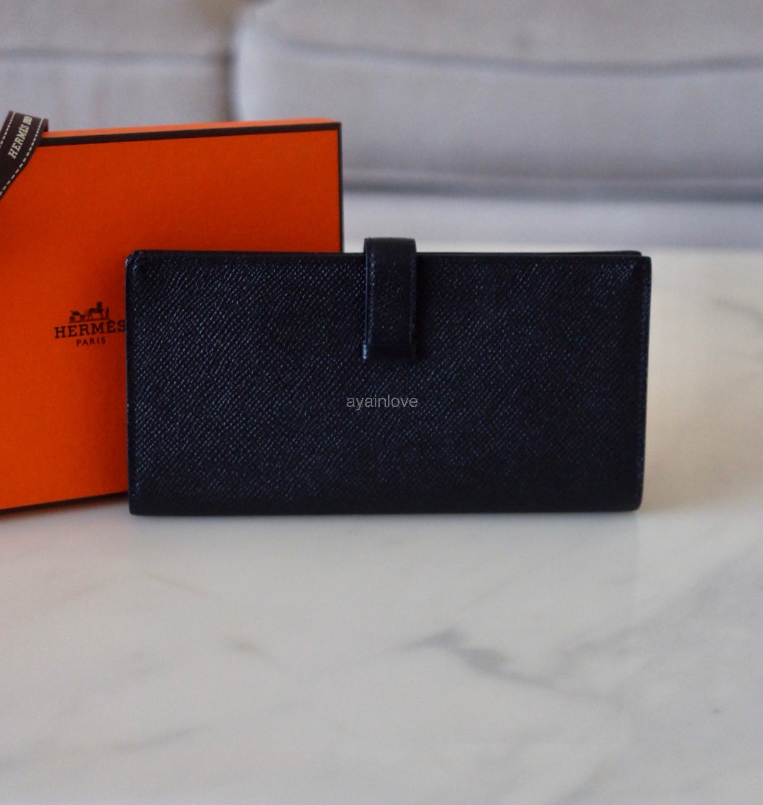 HERMES Bearn Wallet Epsom Black Noir Palladium Hardware C Stamp