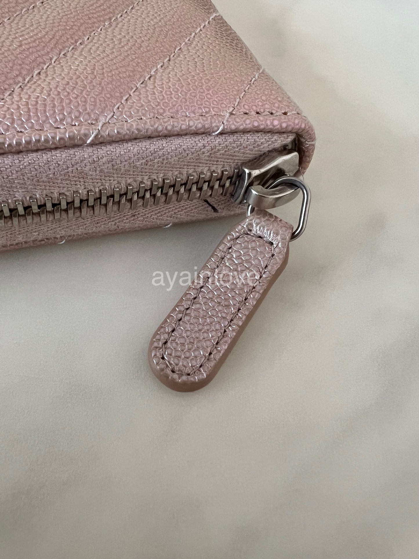 CHANEL 17B Rose Gold Chevron Caviar Long Zippy Wallet Silver Hardware