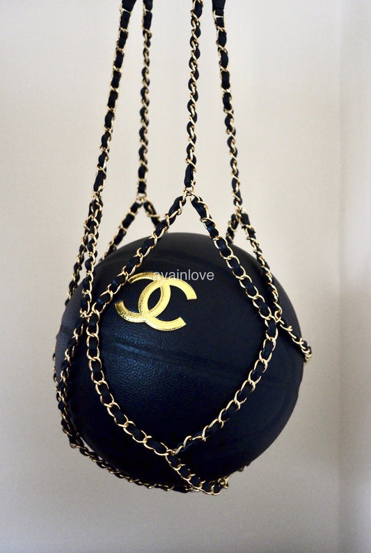 CHANEL 2019 Limited Edition Black Gold CC Logo Basketball and Black Chain Harness Gold Hardware