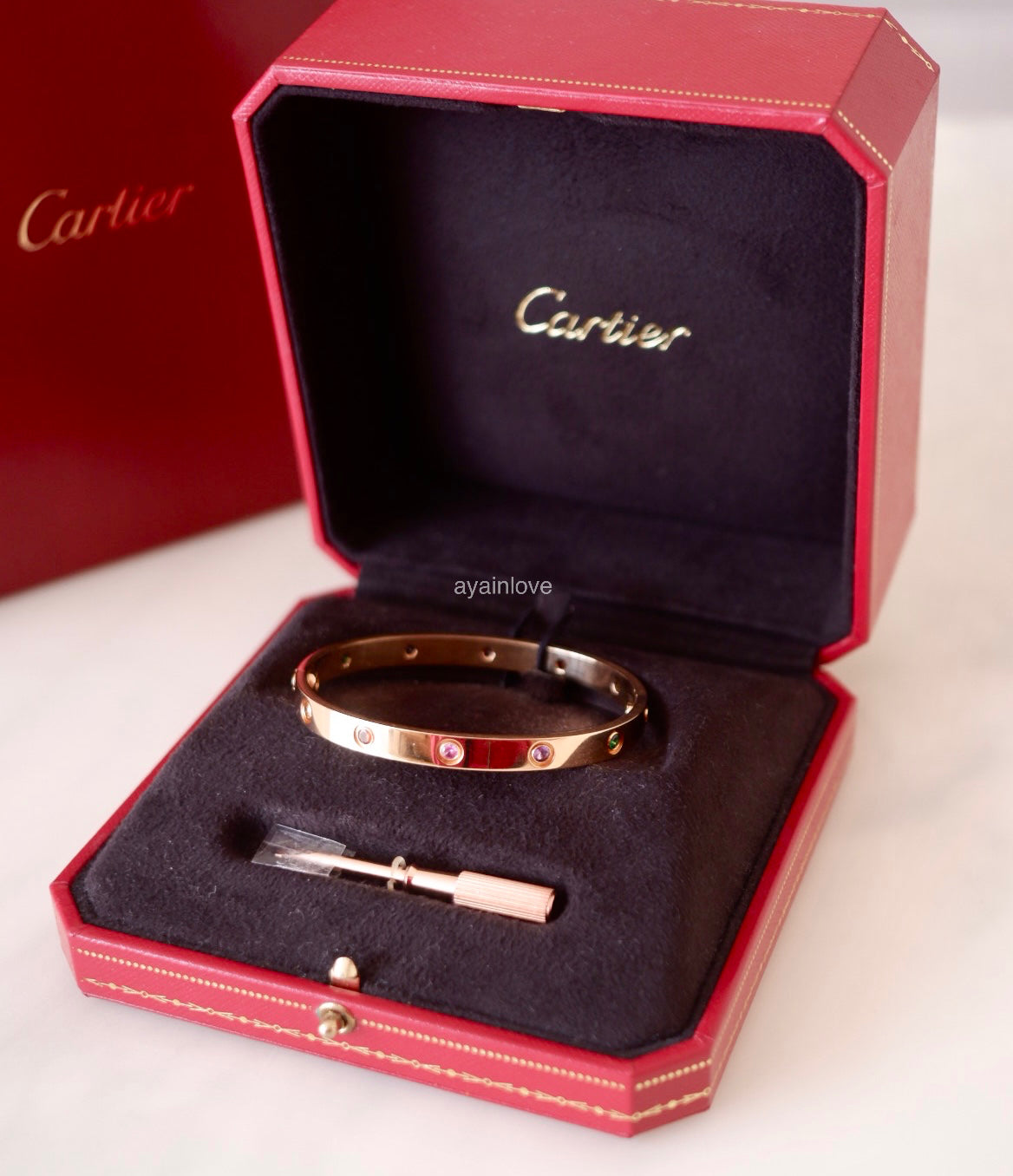 CARTIER 18KT Rose Gold LOVE 10 Rainbow Multi-Color Gemstones Bracelet Size 18