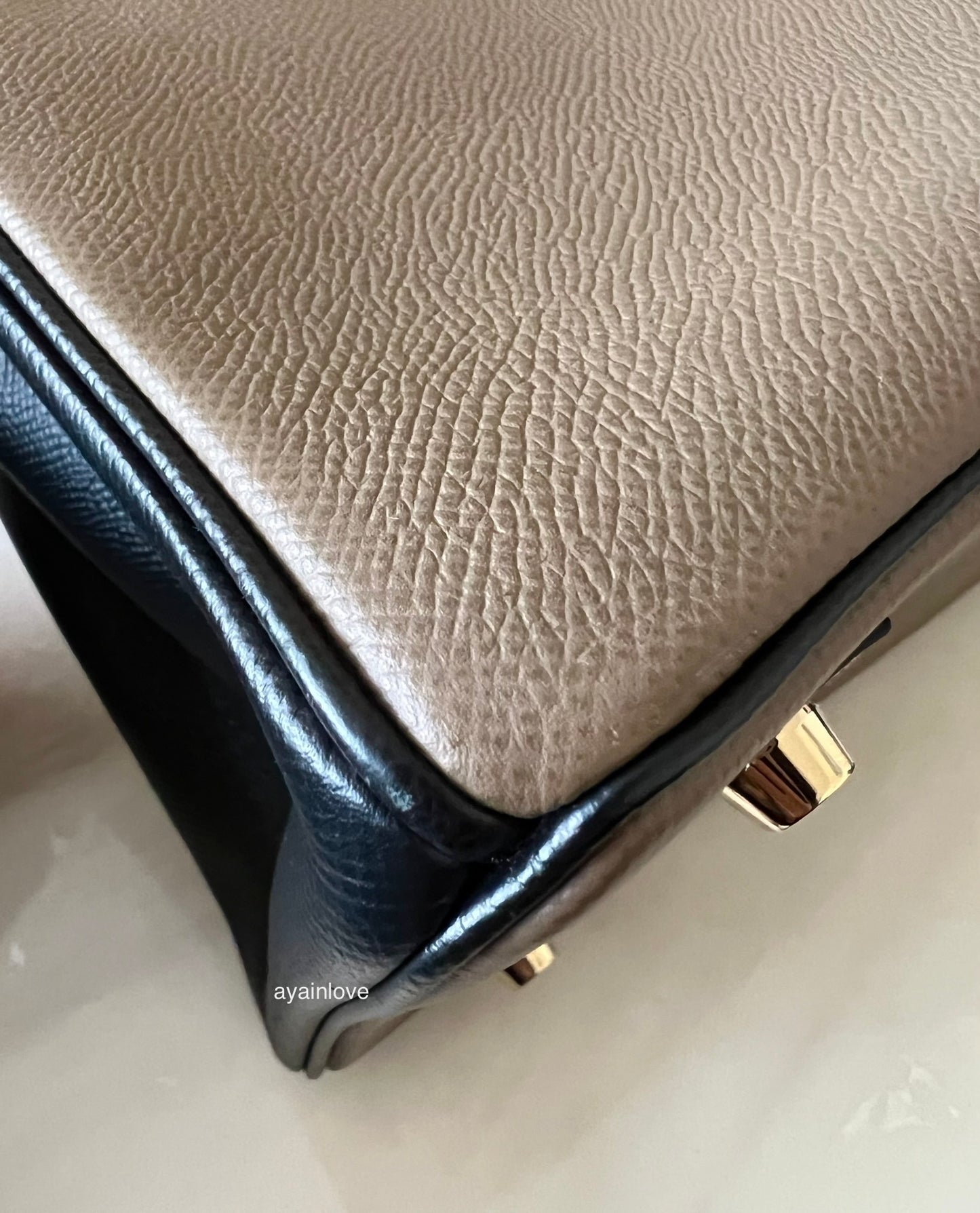 HERMES Birkin 30 HSS Horseshoe Stamp Special Order Bicolour Etoupe and Noir Epsom Brushed Gold Hardware