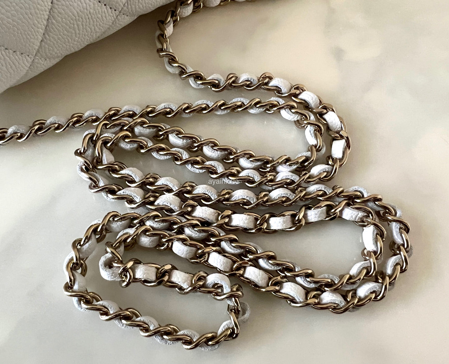 CHANEL 23K White Caviar Classic Wallet On Chain Light Gold Hardware