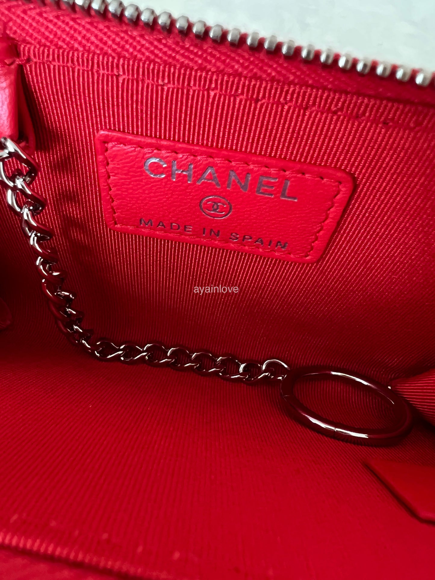 CHANEL 16S Red Lamb Skin Key Chain Zip Card Holder Silver Hardware