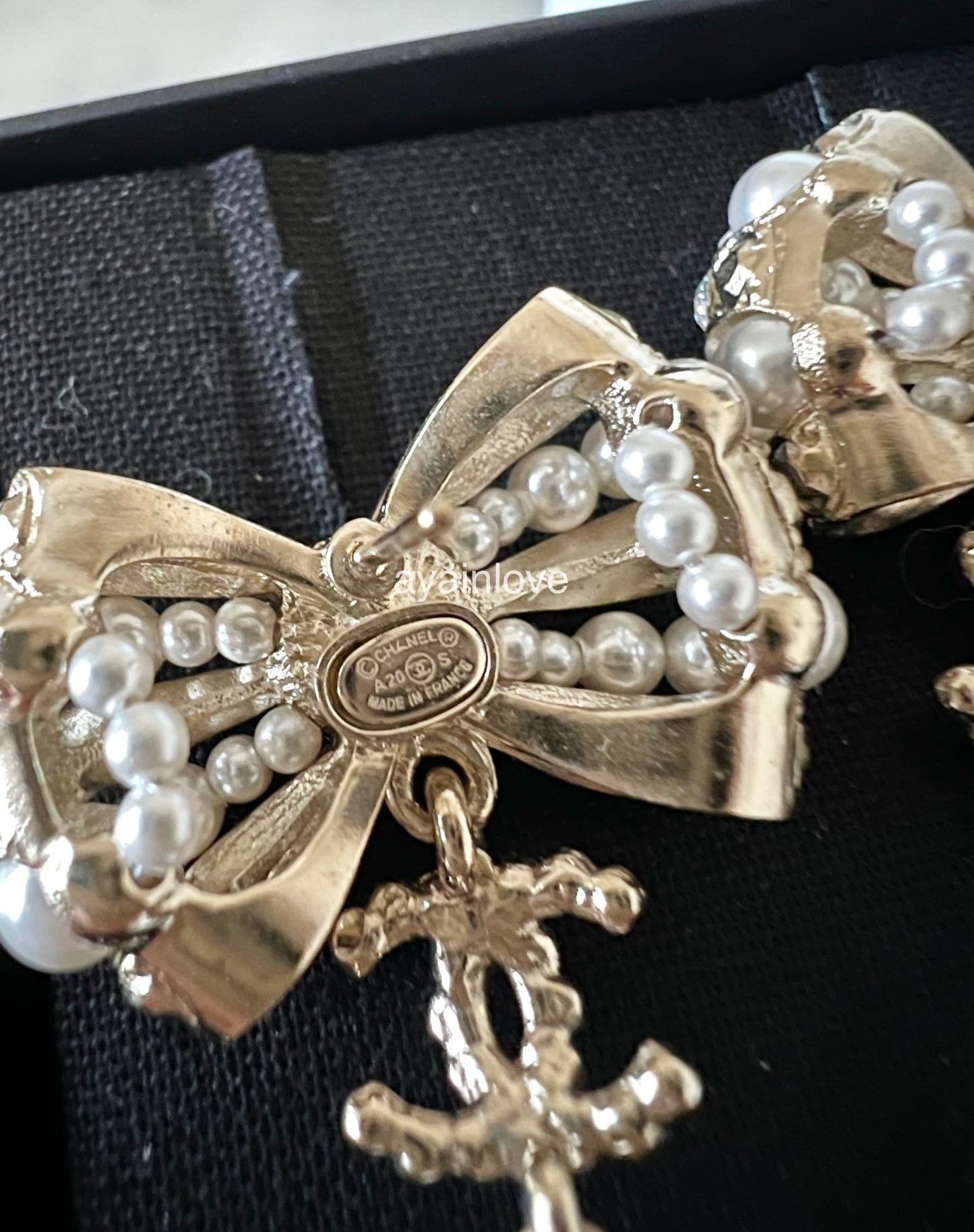 CHANEL 20S Bow Pearl Crystal CC Drop Stud Earrings Light Gold Hardware