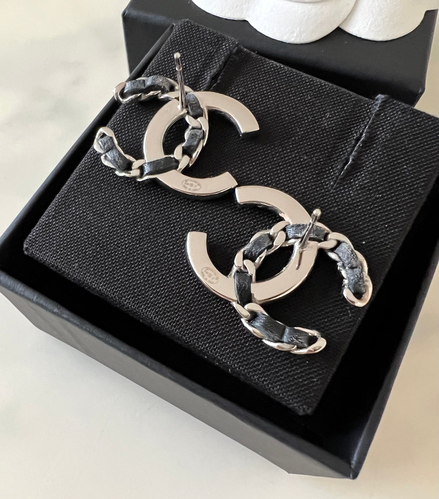 CHANEL 18K Crystal Black Leather CC Large Stud Earrings Silver Hardware