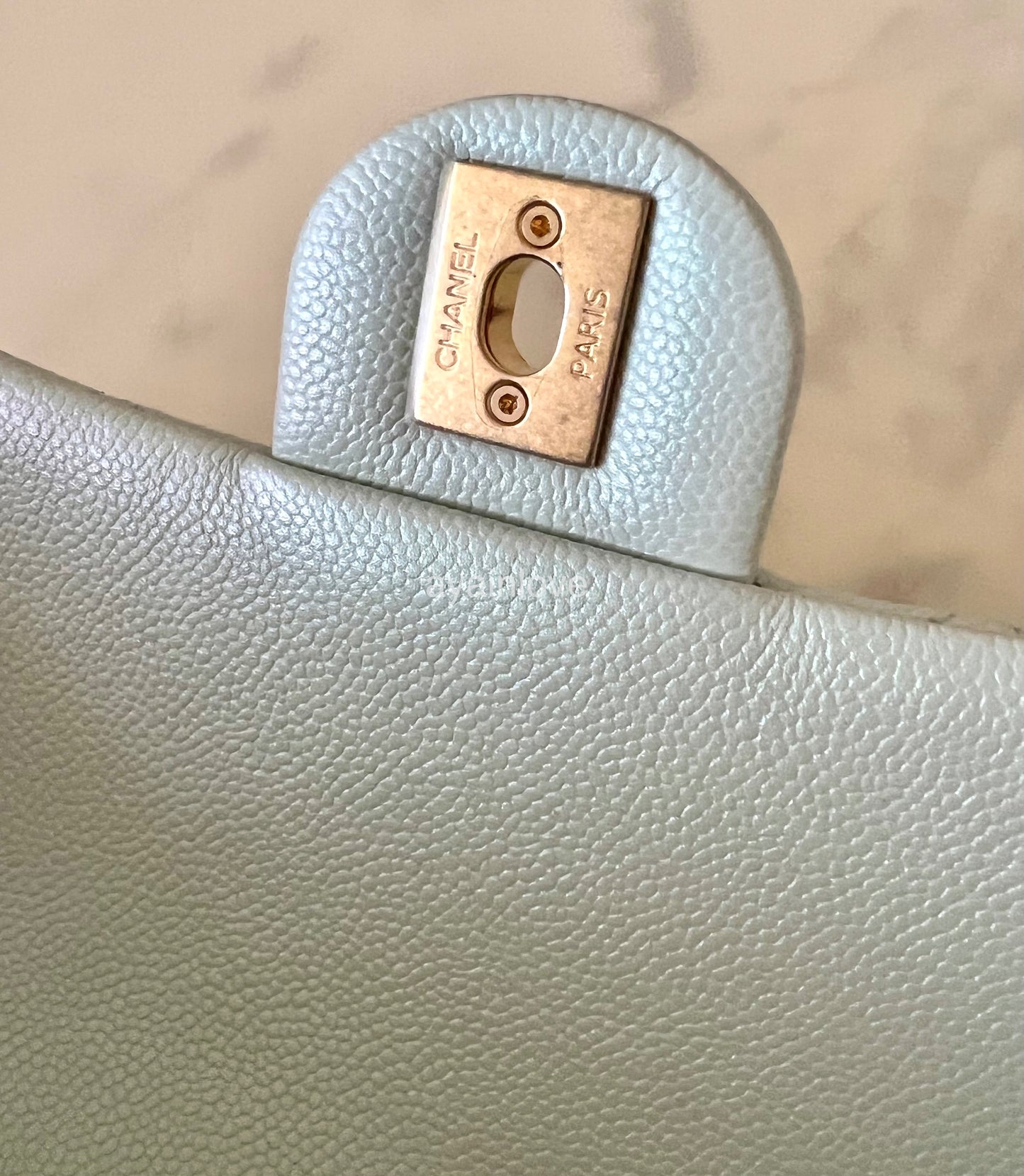 CHANEL 21K Iridescent Light Green Caviar My Perfect Square Mini Flap Bag Gold Hardware