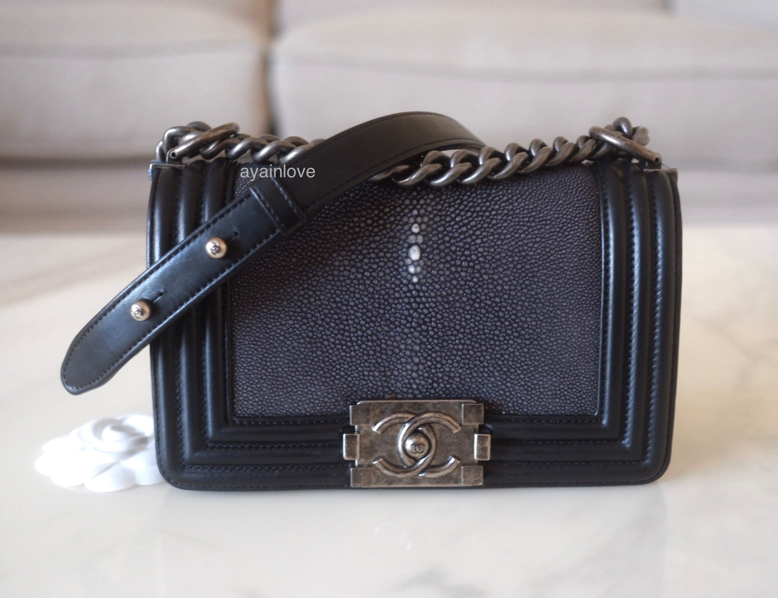 CHANEL Exotic Black Galuchat Stingray Small Boy Flap Bag Ruthenium