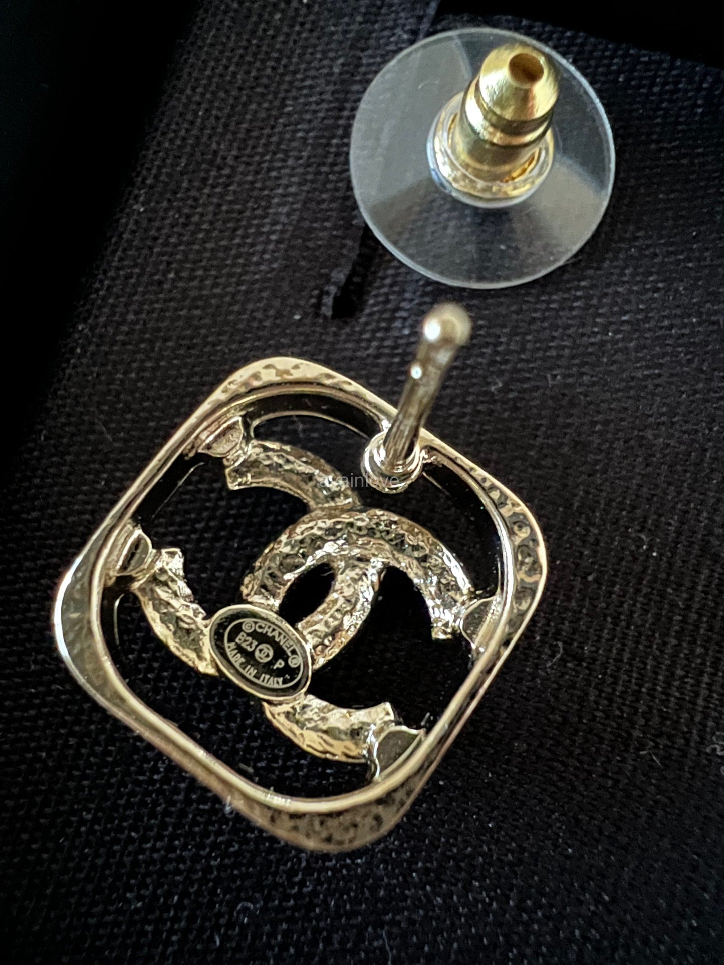 CHANEL 23P Square See Through Crystal CC Stud Earrings Light Gold Hardware