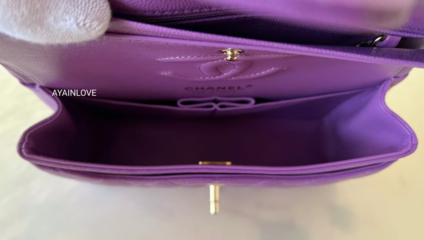 CHANEL 22S Purple Caviar Small Classic Flap Light Gold Hardware