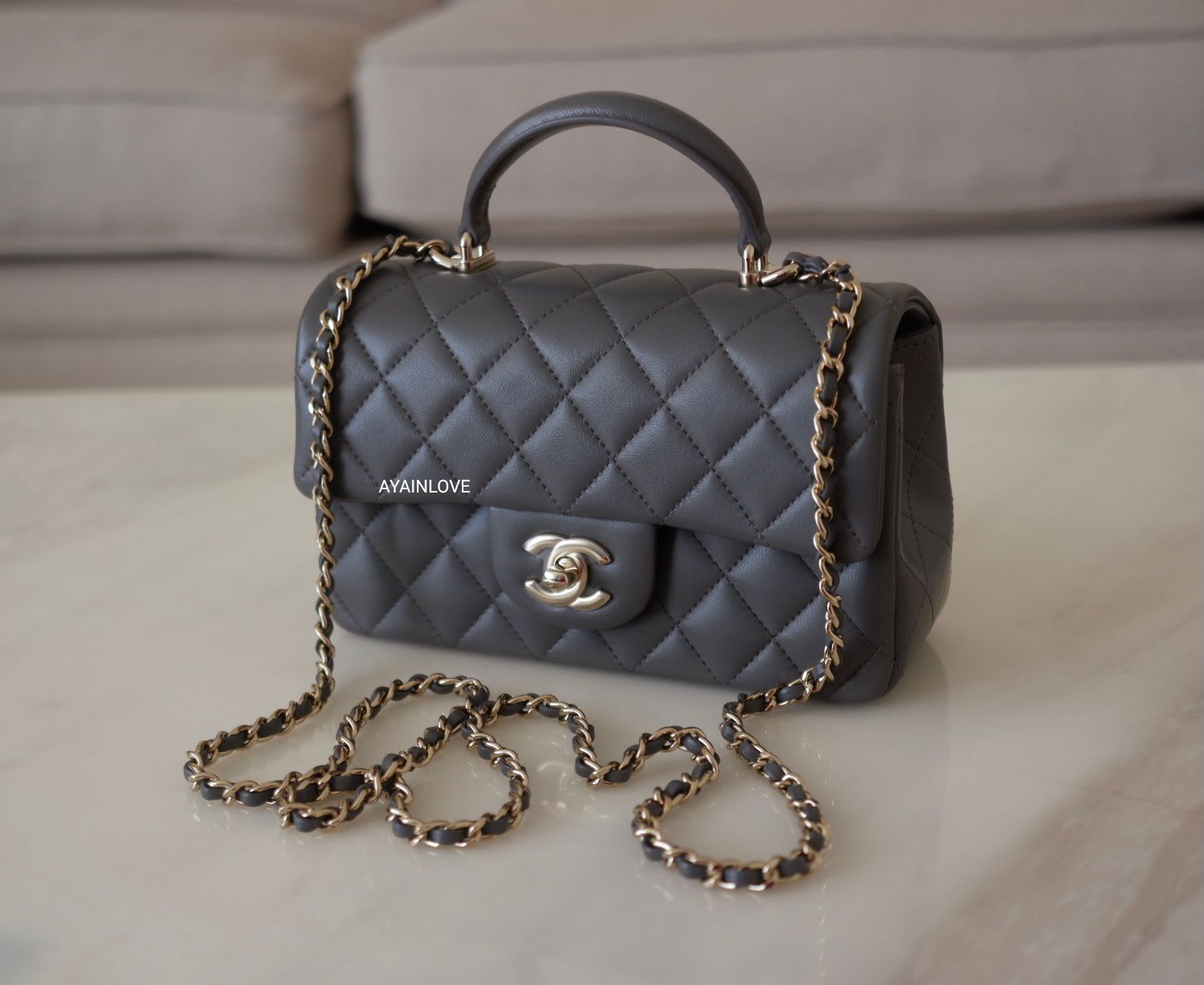 CHANEL 22A Grey Lambskin Top Handle Rectangle Mini Light Gold CHANEL 22A Grey Lambskin Top Handle Rectangle Mini Light Gold