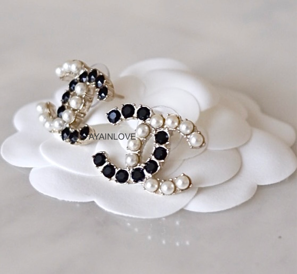 20B Black Crystal White Pearl Large CC Stud Earrings Light Gold Hardware