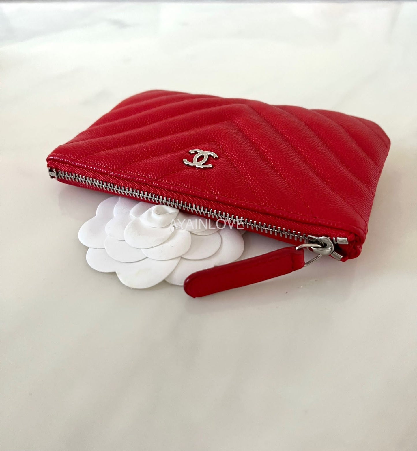 17S RED CHEVRON CAVIAR MINI O CASE SILVER HARDWARE *NEW*