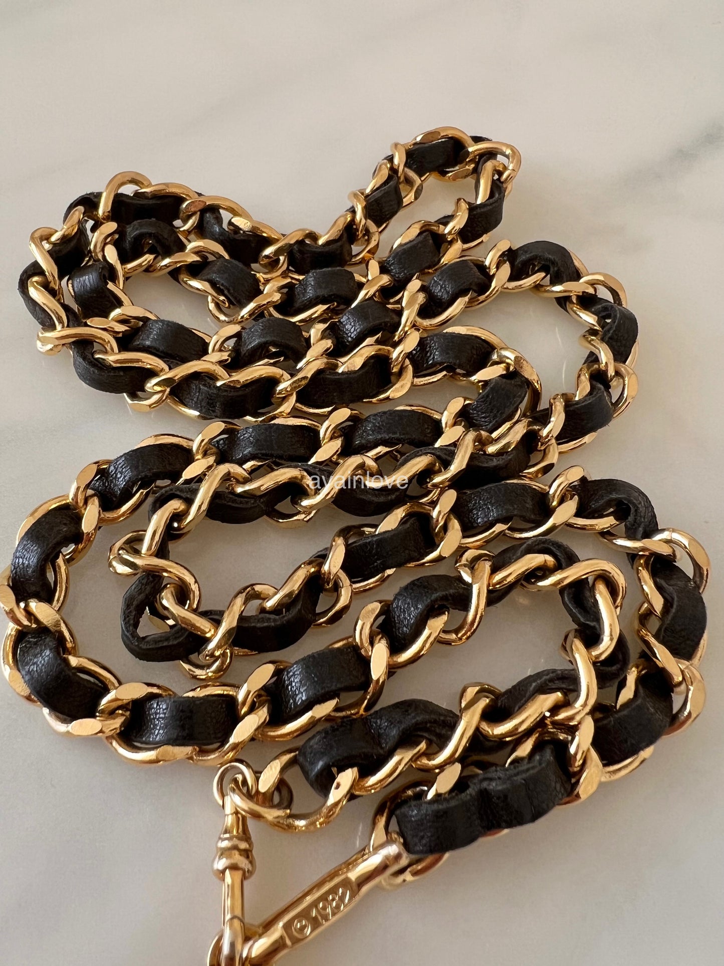 CHANEL 1982 Vintage Black Leather Chain Belt Necklace Medallion CC 24K Gold Plated Hardware