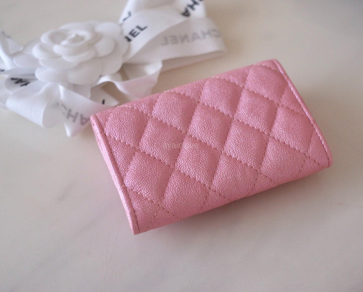 CHANEL 19S Iridescent Pink Caviar Small Snap Card Holder Light Gold Hardware