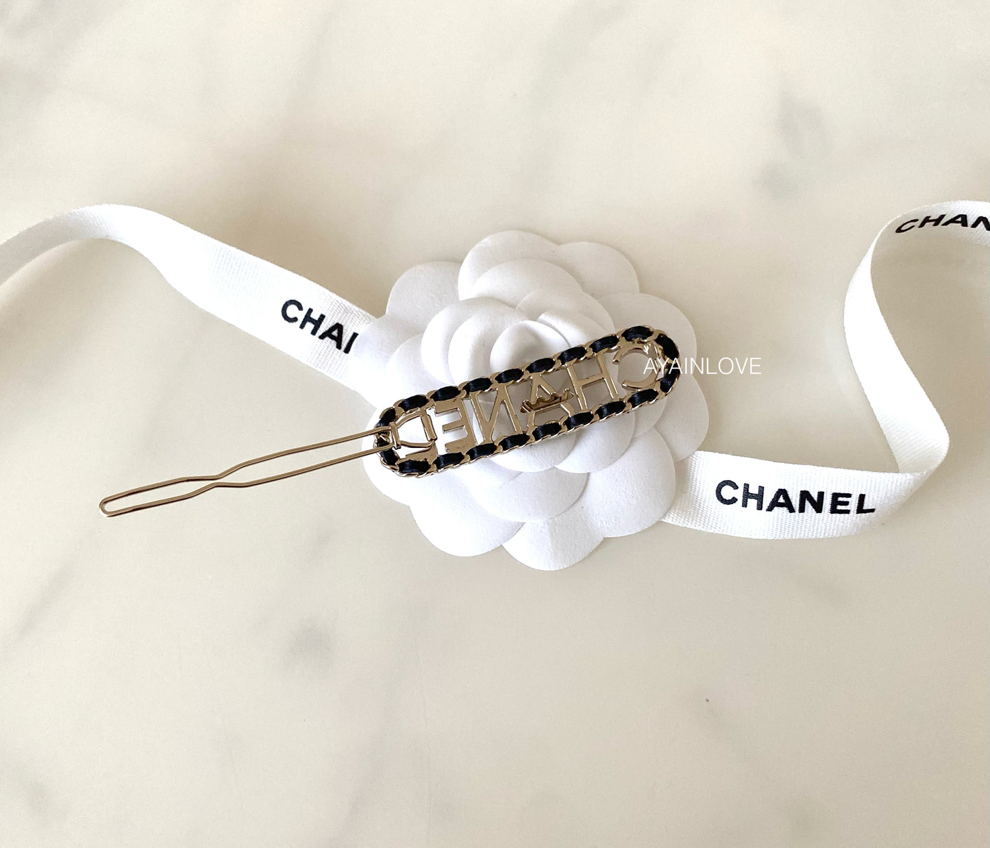 Script Hair Barrette Clip In Black Interwoven Chain Leather Light Gold Hardware