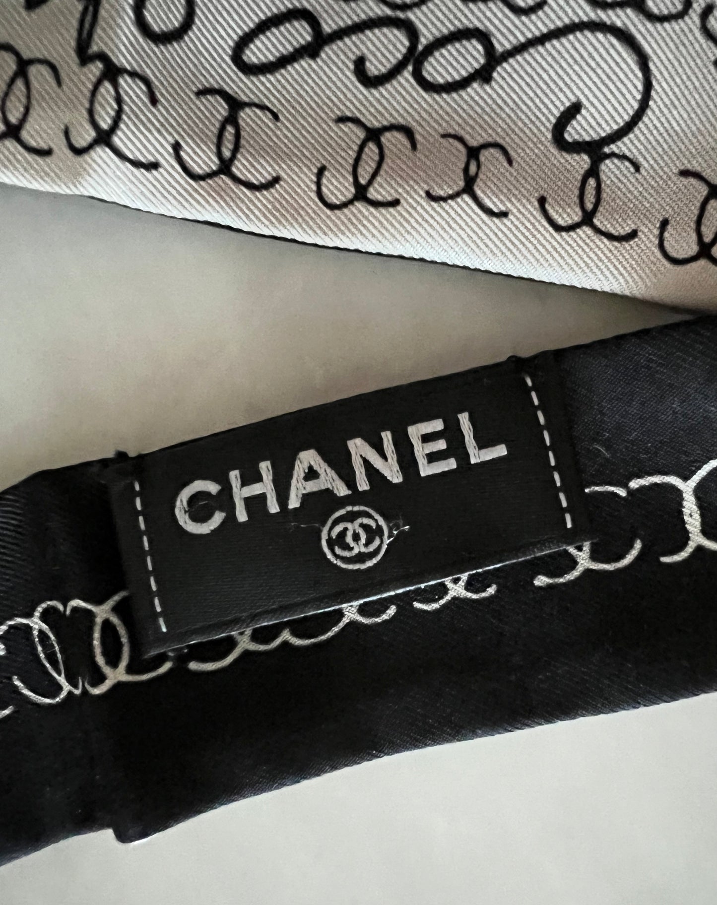 CHANEL Beige Black Script Silk Slim Twilly Scarf Bandeau