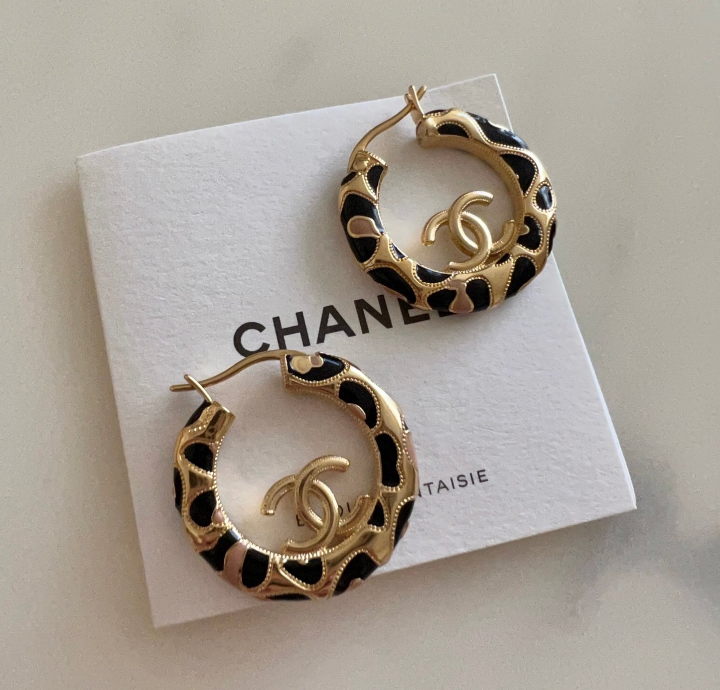 CHANEL 22P CC Black Gold Hoop Earrings