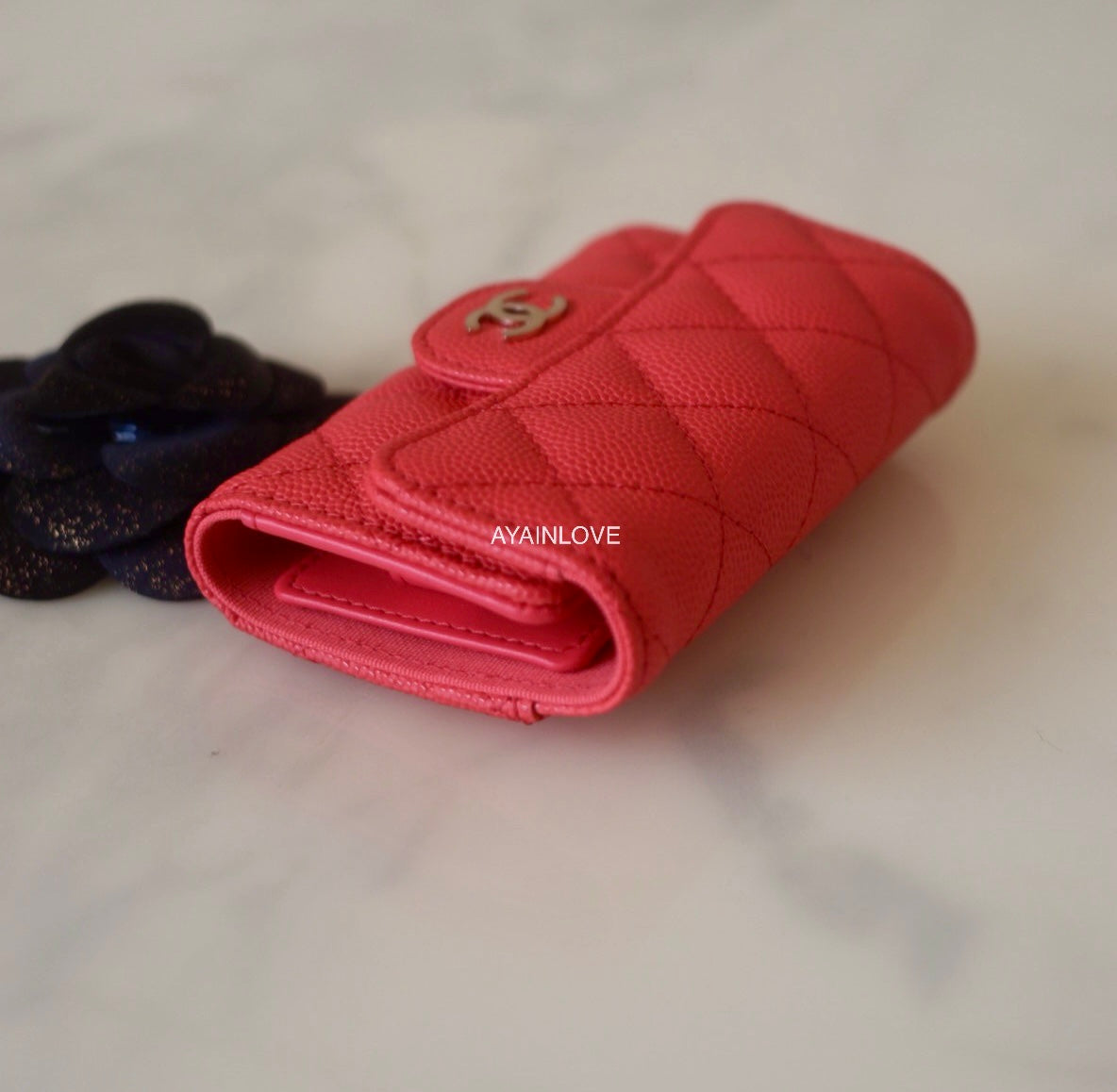 CHANEL 23C Red Caviar Key Chain Flap Card Holder Light Gold Hardware