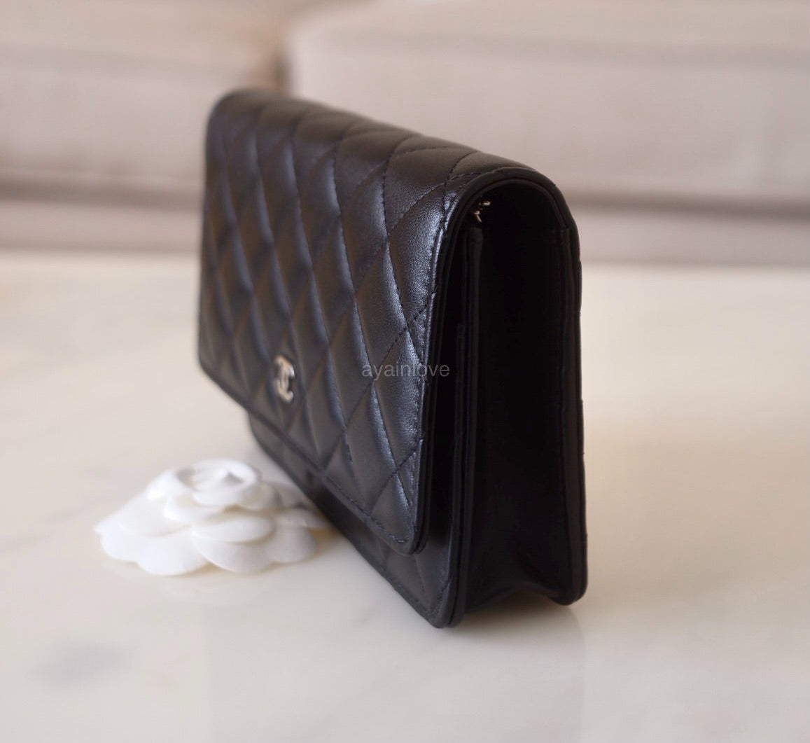 CHANEL Classic Black Lamb Skin Wallet on Chain Microchipped Silver Hardware