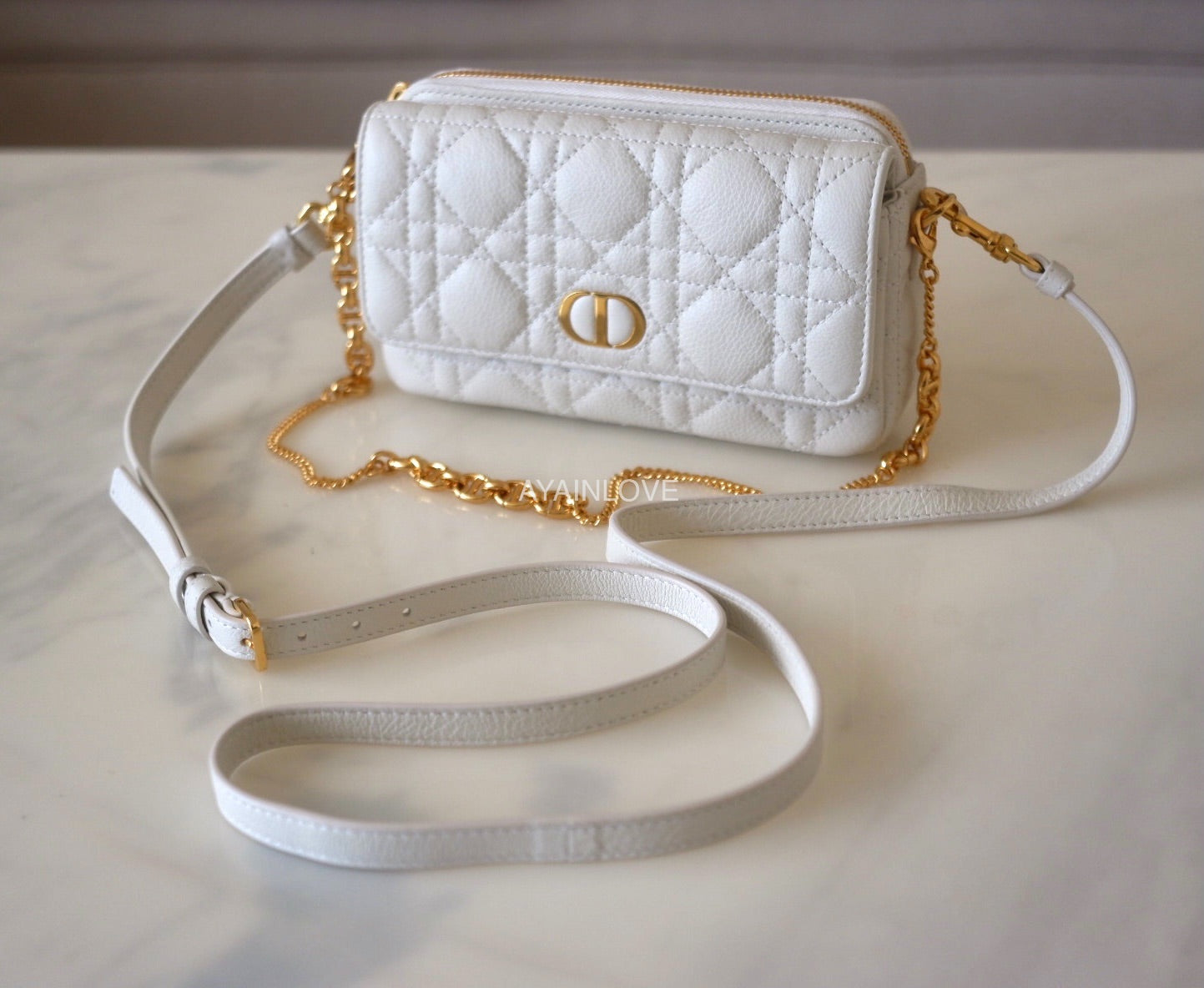 Dior, Bags, Dior Caro Handbag White Leather Medium Size Gold Chain